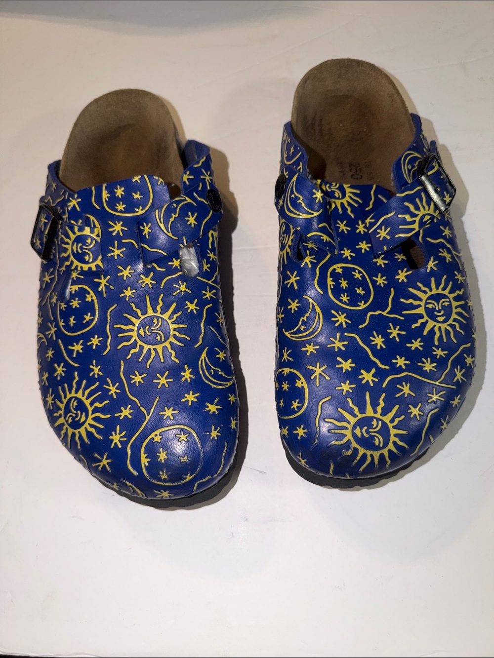 Birkenstock Adult Blue Clogs with Yellow Sun & Moon Print